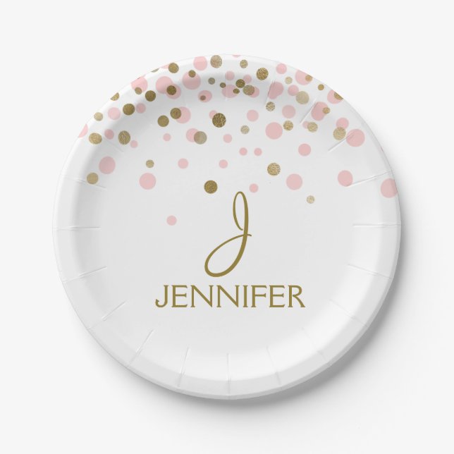 Pink and Gold Foil Girly Confetti Monogram Paper Plates (Front)