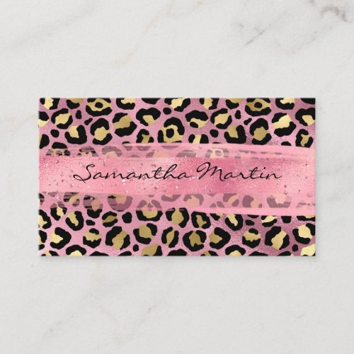 Pink and Gold Foil Leopard Spot Brush Stroke Business Card