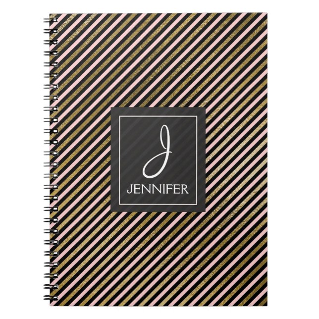 Pink and Gold Foil Monogram Stiped Notebook (Front)