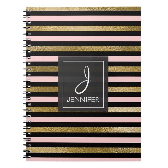 Pink and Gold Foil Monogram Stiped Notebook (Front)