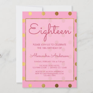 Pink and Gold Foil Polk Dot 18th Birthday Invitation