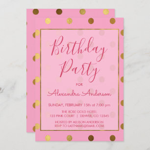 Pink and Gold Foil Polka Dot Any Age Birthday Invitation