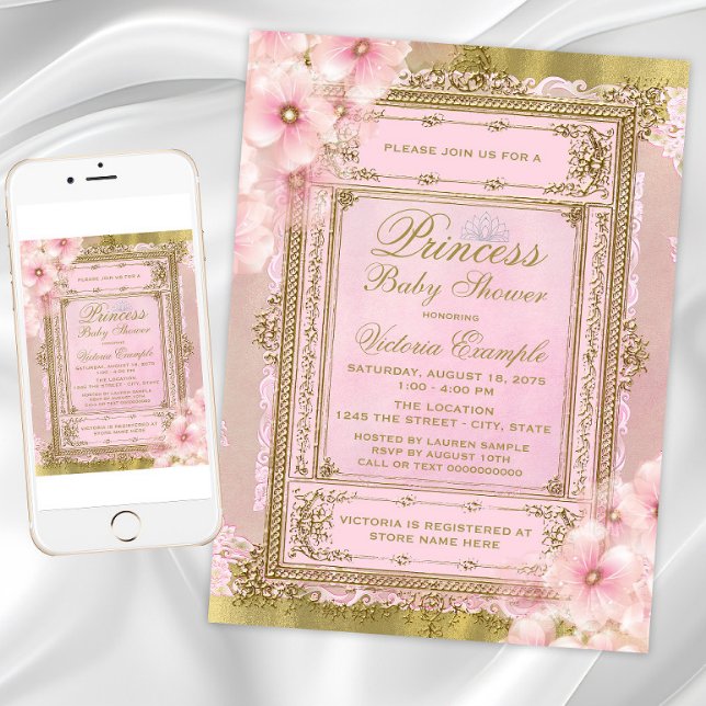 Pink and Gold Foil Princess Baby Shower Invitation