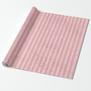 Pink and Gold Foil Stripes Paris Calligraphy Wrapping Paper