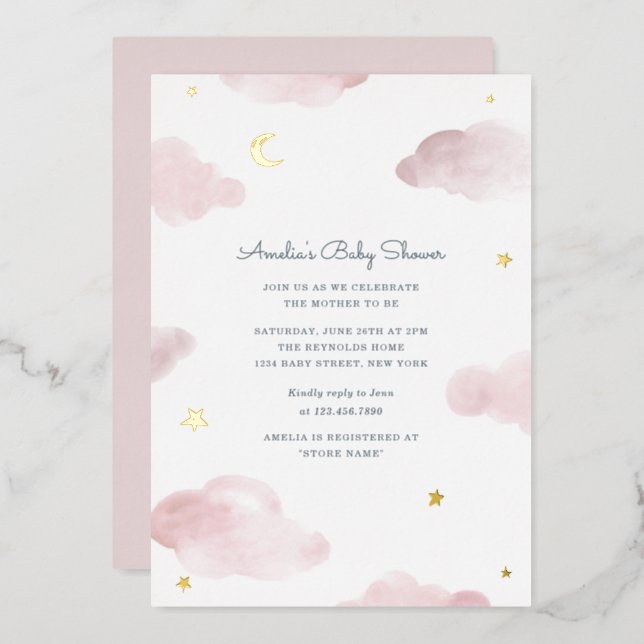 Pink and Gold Foil Sweet Dreams Baby Shower Invite (Front/Back)