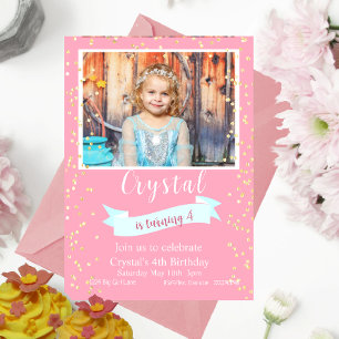 Pink and Gold Fourth Birthday Photo Invitation