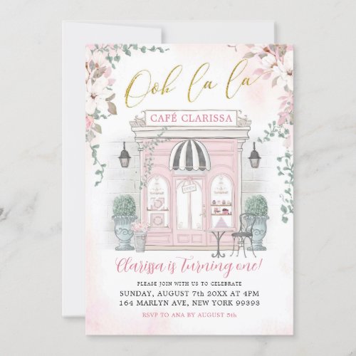 Pink and Gold French Cafe Patisserie Girl Birthday Invitation