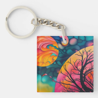 pink and gold full moon Tree Silhouette Keychain
