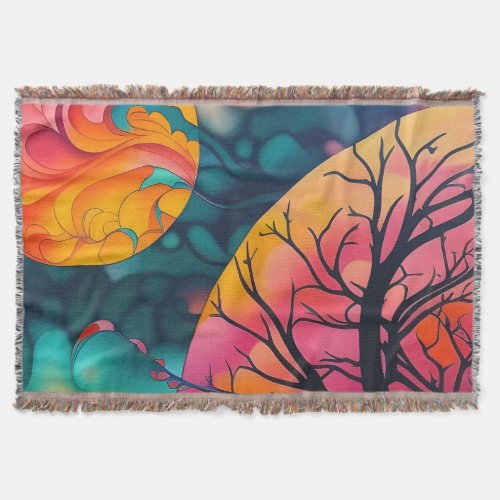 pink and gold full moon Tree Silhouette Throw Blanket