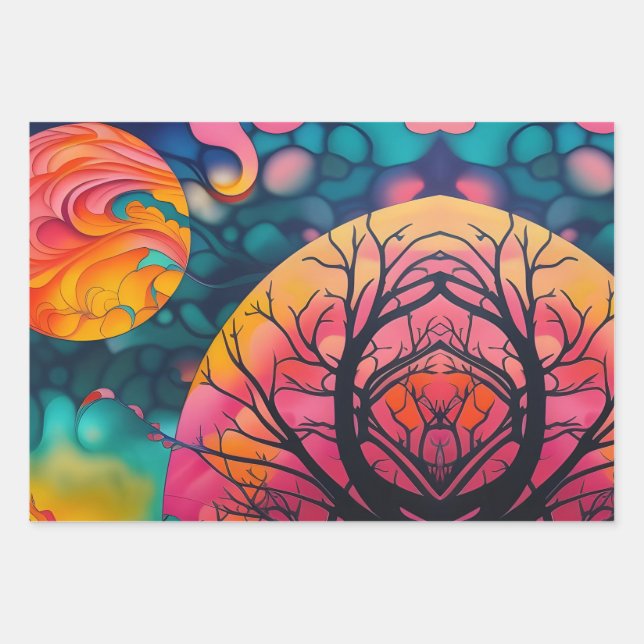 pink and gold full moon Tree Silhouette Wrapping Paper Sheets (Front 2)