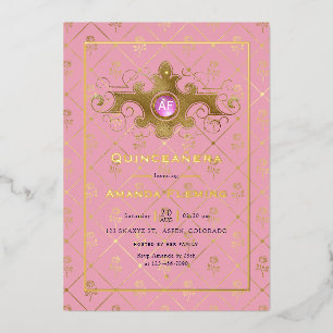 Pink and Gold Gemstone Quinceañera Monogram Foil Invitation