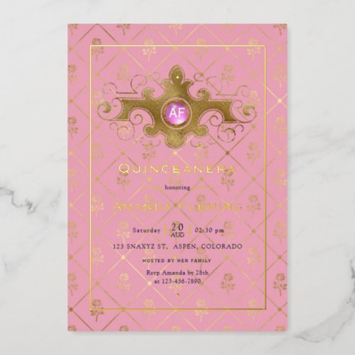 Pink and Gold Gemstone Quinceaera Monogram Foil Invitation