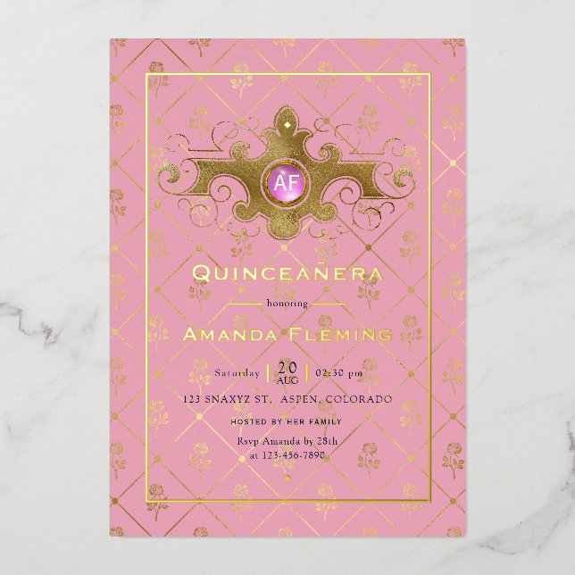 Pink and Gold Gemstone Quinceañera Monogram Foil Invitation (Front)