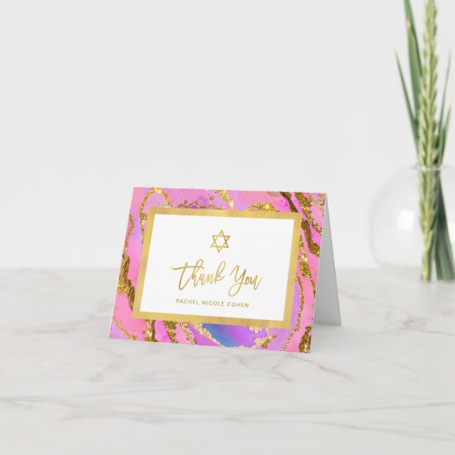 Pink and Gold Geode | Star of David Bat Mitzvah Thank You Card (Front)