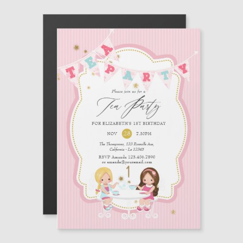 Pink and Gold Girl 1st Birthday Tea Party Magnetic Invitation