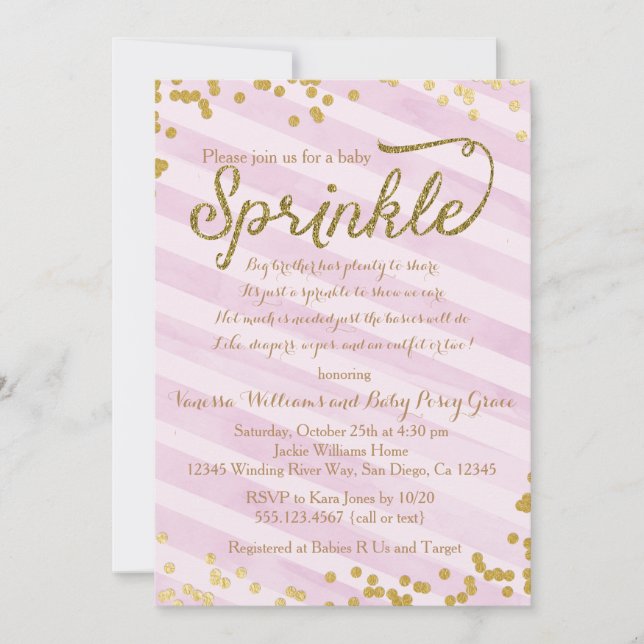Pink and Gold Girl Baby Sprinkle Shower Invitation (Front)