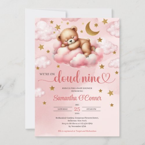 Pink and gold girl bear cloud nine Baby Shower Invitation