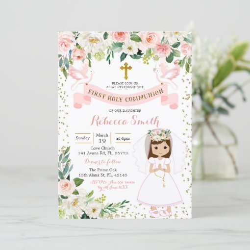 Pink and Gold Girl First Holy Communion Invitation | Zazzle
