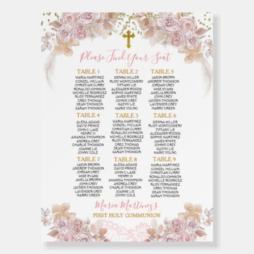 Pink and gold Girl Holy Communion Seating Chart Foam Board