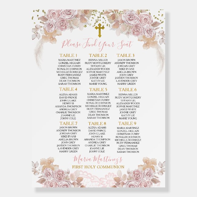Pink and gold Girl Holy Communion Seating Chart Foam Board (Front)