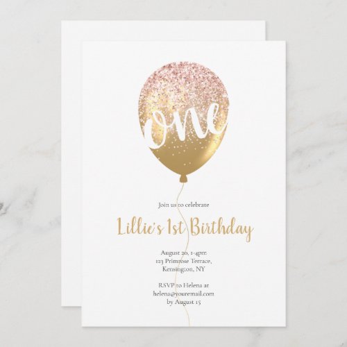 Pink and Gold Girls Glitter 1st Birthday Party Invitation