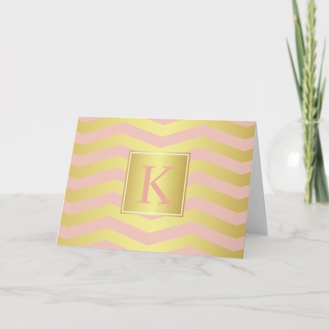 Pink and Gold Glamour Chevrons with Monogram Note Card (Front)