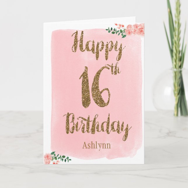 Pink and Gold Glitter 16th Birthday Card (Front)