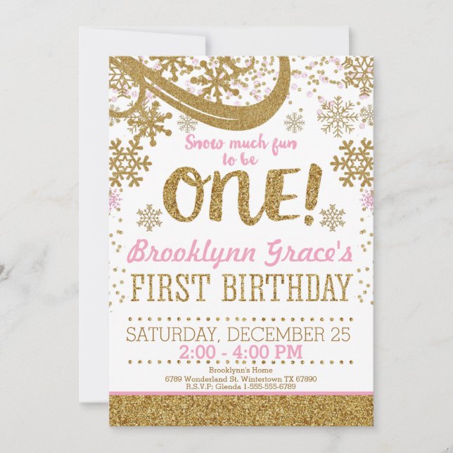 Pink and Gold Glitter 1st Birthday Winter One Invitation (Front)