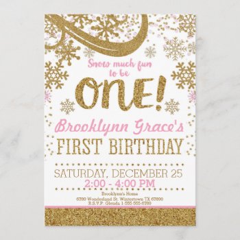 Pink And Gold Glitter 1st Birthday Winter One Invitation by TiffsSweetDesigns at Zazzle