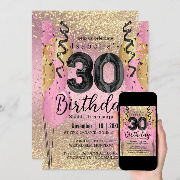 Pink and Gold Glitter 30th Birthday Invitation | Zazzle