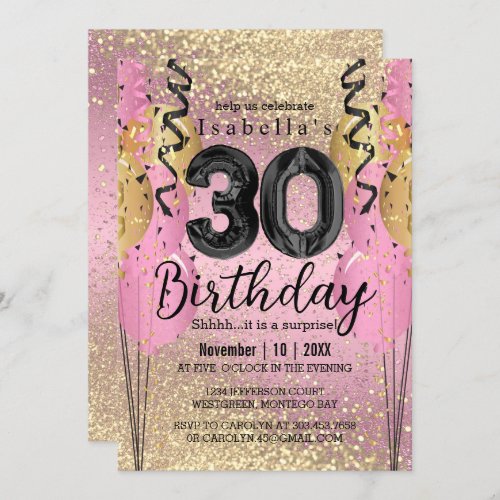 Pink and Gold Glitter 30th Birthday  Invitation