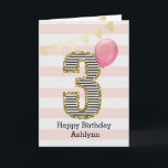 Pink and Gold Glitter 3rd Birthday Girl Card<br><div class="desc">A pink and gold 3rd birthday girl card, which you can personalize with her name. The front of this beautiful 3rd birthday card for her features the number three in a black and white stripe with an outline of glitter with a pink balloon ready to float way. Please note the...</div>