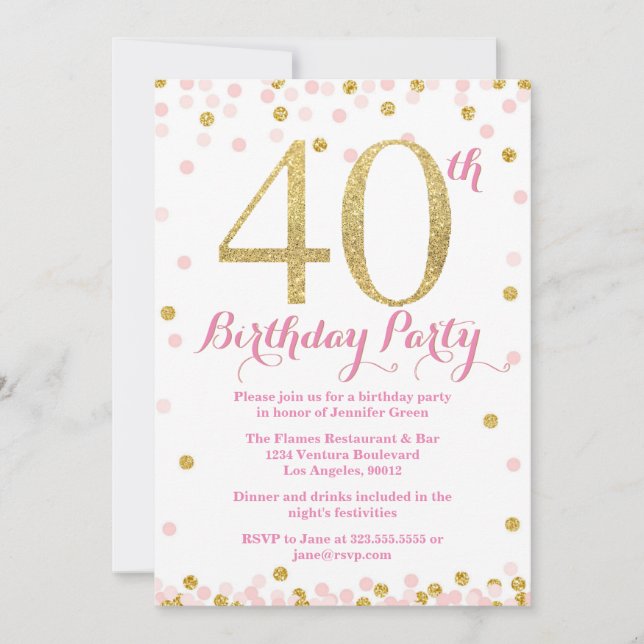 Pink and Gold Glitter 40th Birthday Party Invitation (Front)