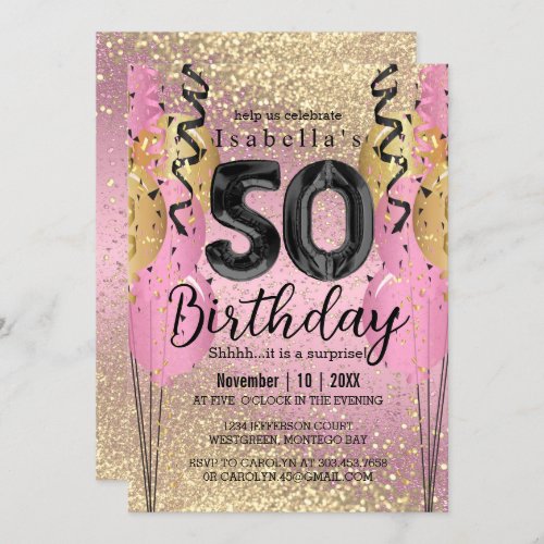 Pink and Gold Glitter 50th Birthday  Invitation