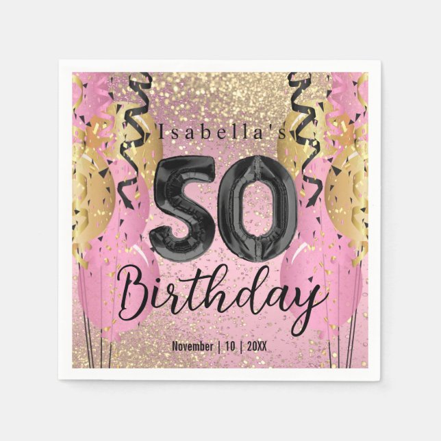 Pink and Gold Glitter 50th Birthday  Napkins (Front)