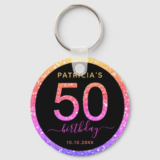 Pink And Gold Glitter 50th Birthday Party Favor Keychain