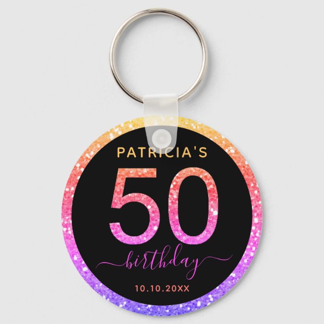 Pink And Gold Glitter 50th Birthday Party Favor   Keychain (Front)