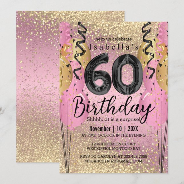 Pink and Gold Glitter 60th Birthday  Invitation (Front/Back)