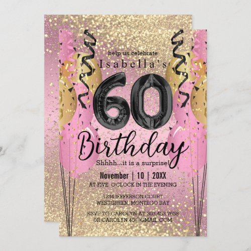 Pink and Gold Glitter 60th Birthday  Invitation