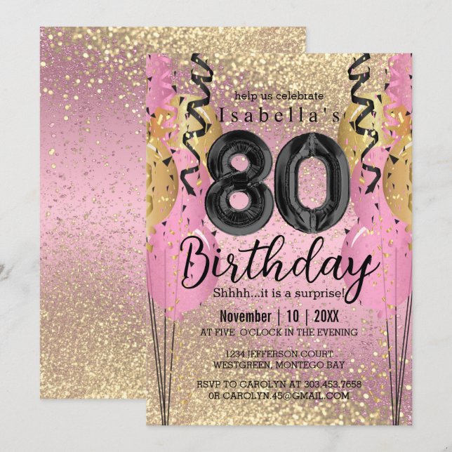 Pink and Gold Glitter 80th Birthday  Invitation (Front/Back)