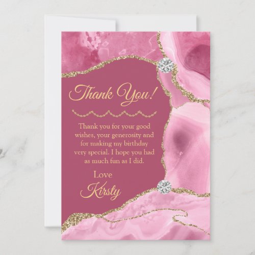Pink and Gold Glitter Agate Birthday Thank You Card