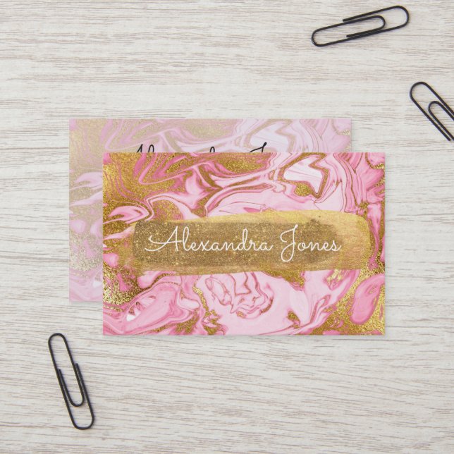 Pink and Gold Glitter and Sparkle Marble Business Card (Front/Back In Situ)