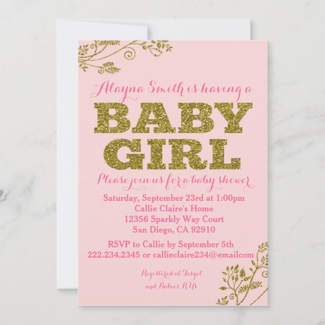 Pink and Gold Glitter Baby Girl Shower Invitation (Front)