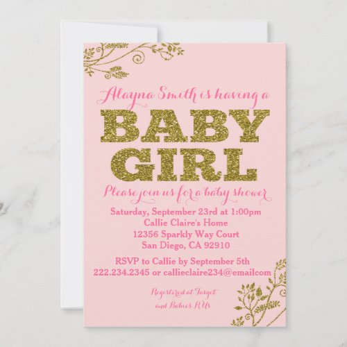 Pink and Gold Glitter Baby Girl Shower Invitation