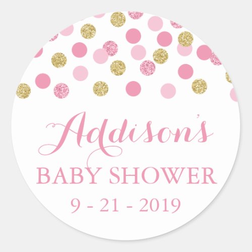 Pink and Gold Glitter Baby Shower Circle Stickers