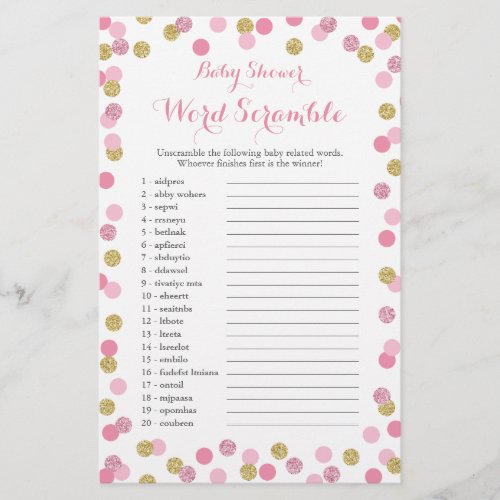 Pink and Gold Glitter Baby Shower Word Scramble Flyer