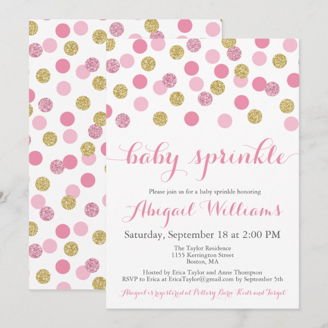 Pink and Gold Glitter Baby Sprinkle Invitations (Front/Back)