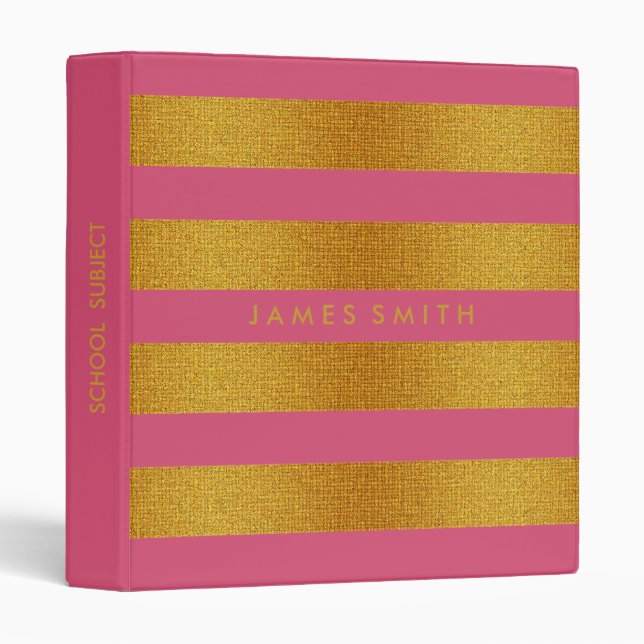 Pink And Gold Glitter Badge Striped Personalized 3 Ring Binder (Front/Spine)