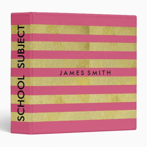 Pink And Gold Glitter Badge Striped Personalized 3 Ring Binder