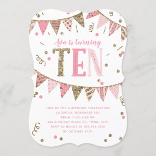 Pink and Gold Glitter Banner 10th Birthday Party Invitation